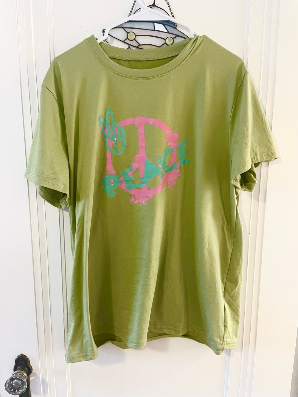 Peace Graphic T-Shirt - Green with Pink & Teal Print